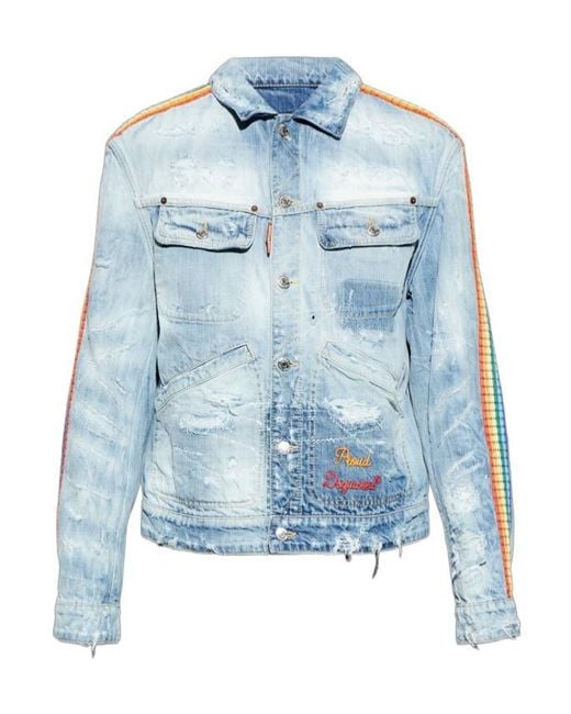 DSquared² Blue Distressed Embroidered Denim Jacket for men