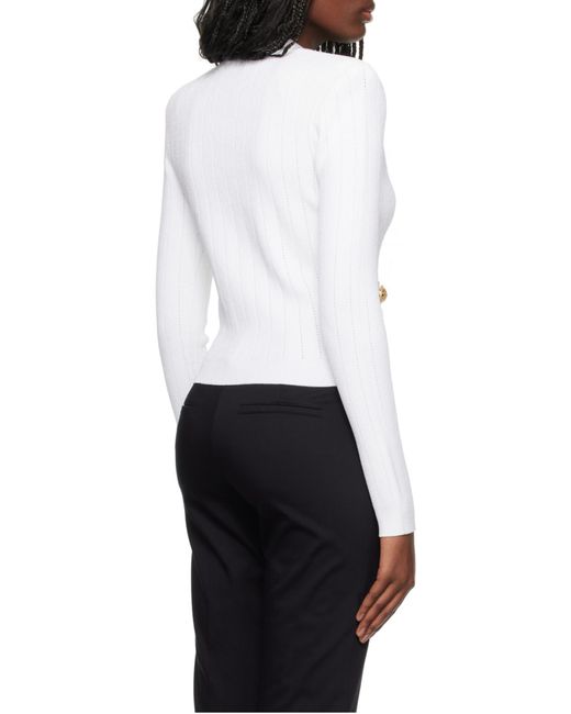 Balmain White Button Embellished Ribbed Knit Cardigan