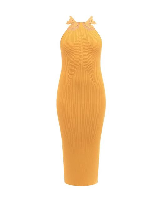 Self-Portrait Orange Lace Detailed Halter Neck Midi Dress
