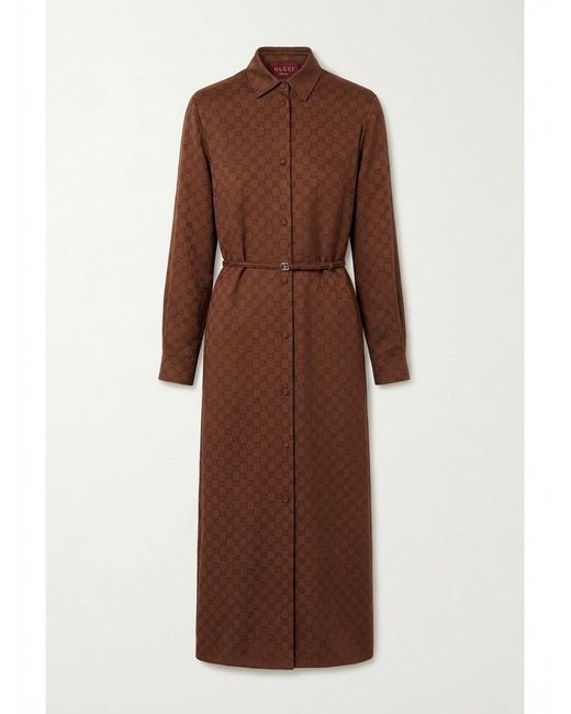 Gucci Brown Gg Satin Dress With Double G Belt