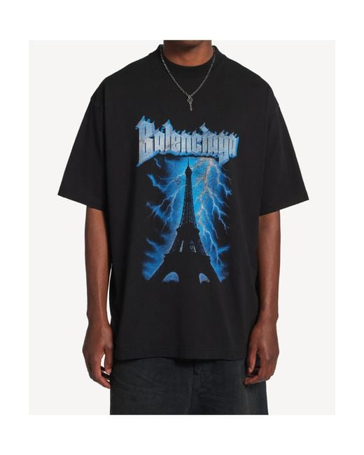 Balenciaga Black Cotton Paris Thunderstorm T-Shirt for men