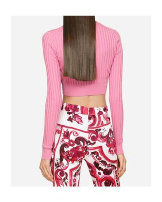 Dolce & Gabbana Pink Logo Plaque Cropped Ribbed Sweater