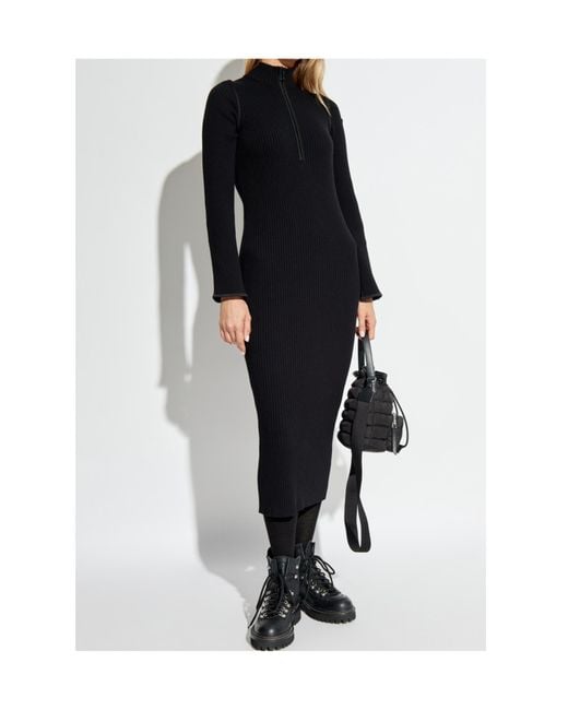 Moncler Black Half-Zip Ribbed-Knit Midi Dress