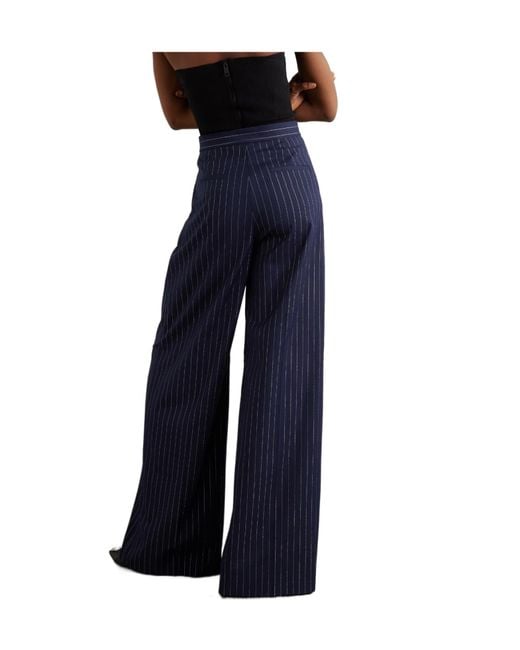 Alex Perry Blue Pleated Metallic Pinstripe Twill Wide-Leg Trousers