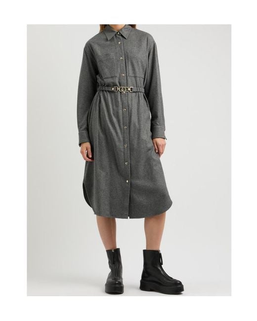 Moncler Gray Belted Wool-Blend Midi Shirt Dress