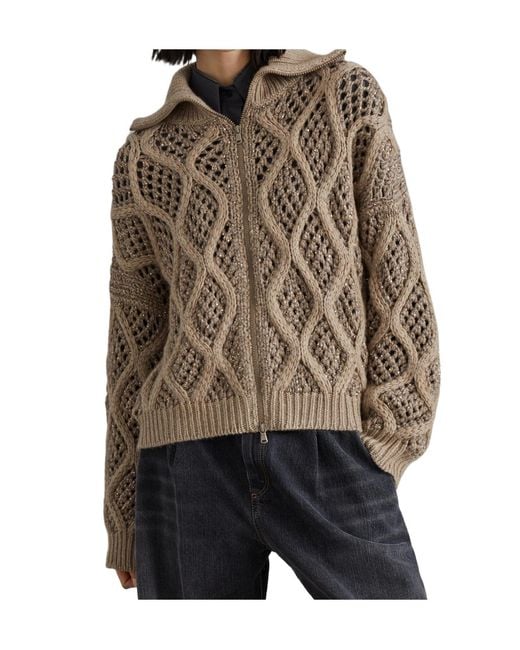 Brunello Cucinelli Natural Zipped Open-Knit Cardigan