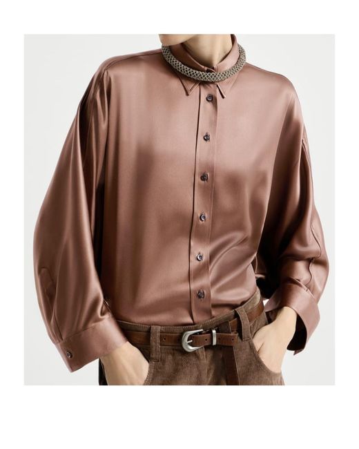 Brunello Cucinelli Brown Stretch Silk Satin Shirt With Monili