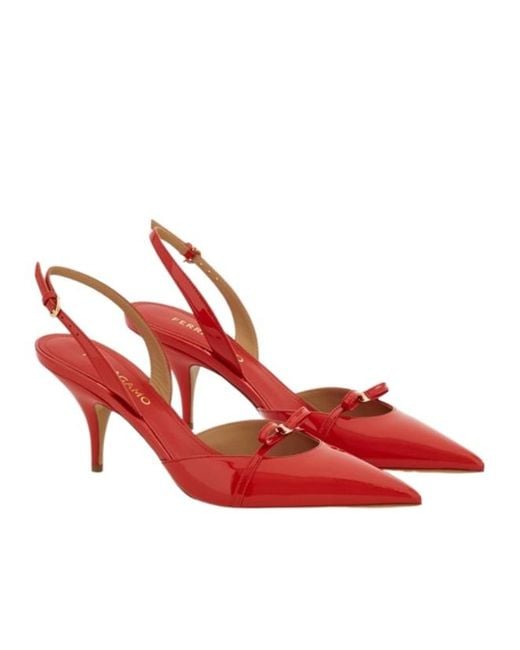 Ferragamo Red Ferragamo Bow Detailed Pointed-Toe Slingback Pumps
