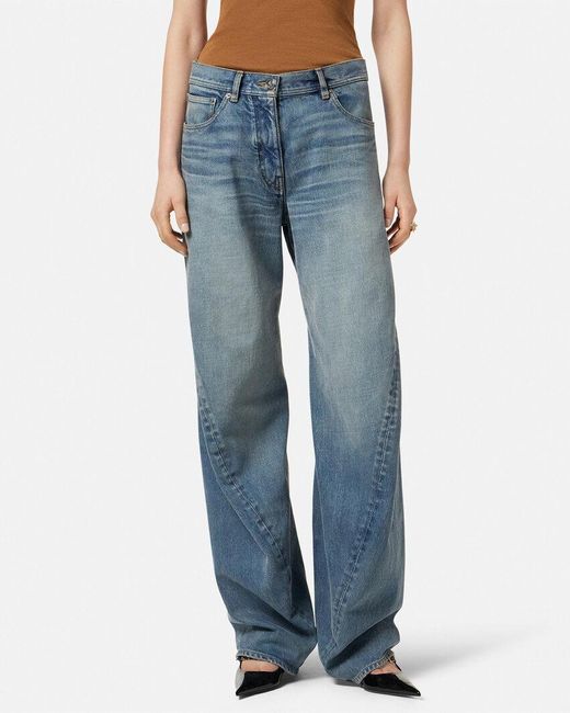 Versace Blue Logo-Patch Twisted Jeans