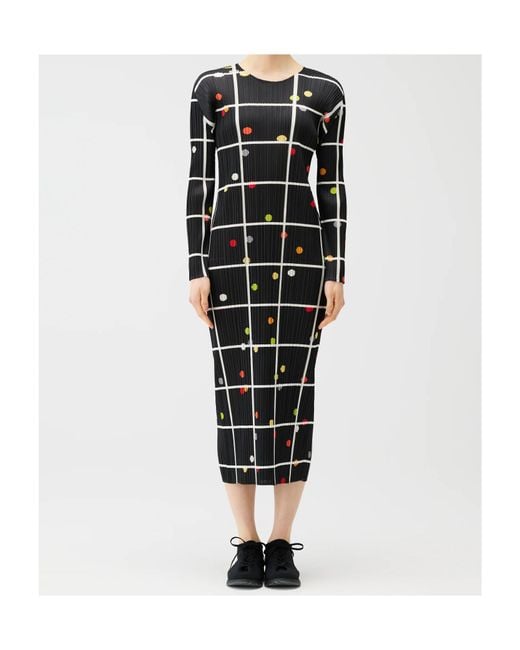 Pleats Please Issey Miyake Black Pleats Please Issey Miyake Round Neck Pleated Grid Print Dress