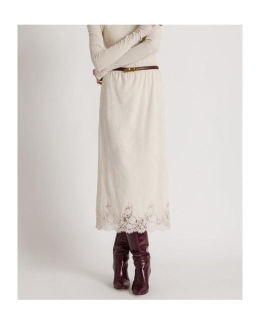 Alberta Ferretti White Straight Midi Skirt With Lace Trim