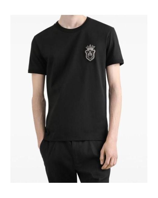Dolce & Gabbana Black Cotton Embroidery Crest T-Shirt for men