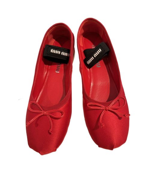 Miu Miu Red Bow-Detailed Slip-On Satin Ballerina Shoes