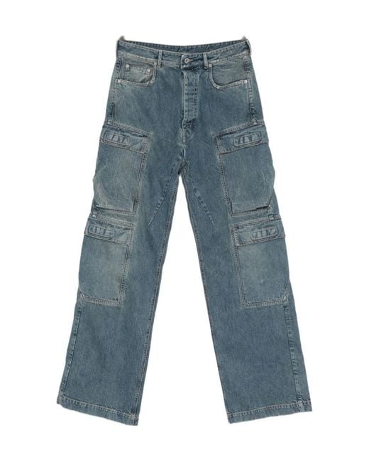Rick Owens Blue Distressed Relaxed-Fit Cargo Jeans for men