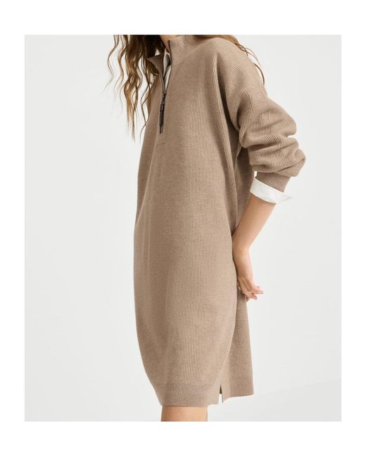 Brunello Cucinelli Natural Virgin Wool, Cashmere And Silk Rib-Knit Dress With Precious Half-Zip
