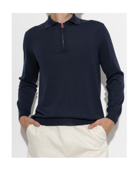 Kiton Blue Collared Long-Sleeved Knit Sweater for men