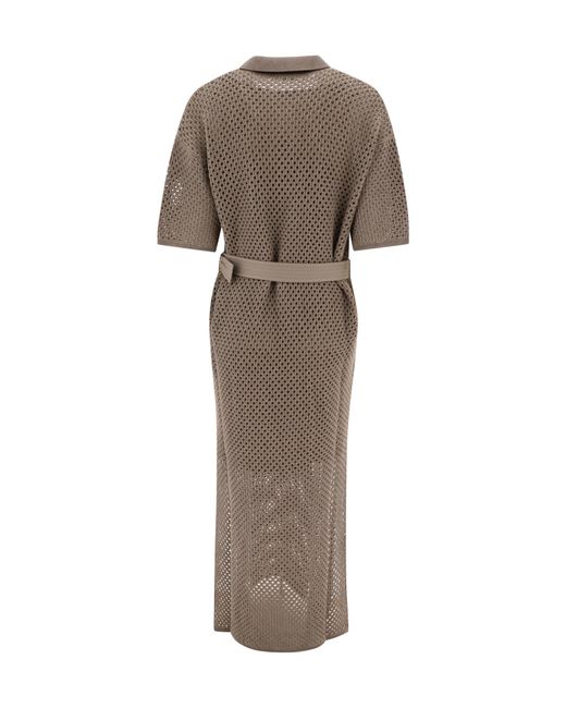 Brunello Cucinelli Natural Crochet-Knitted Belted Midi Dress