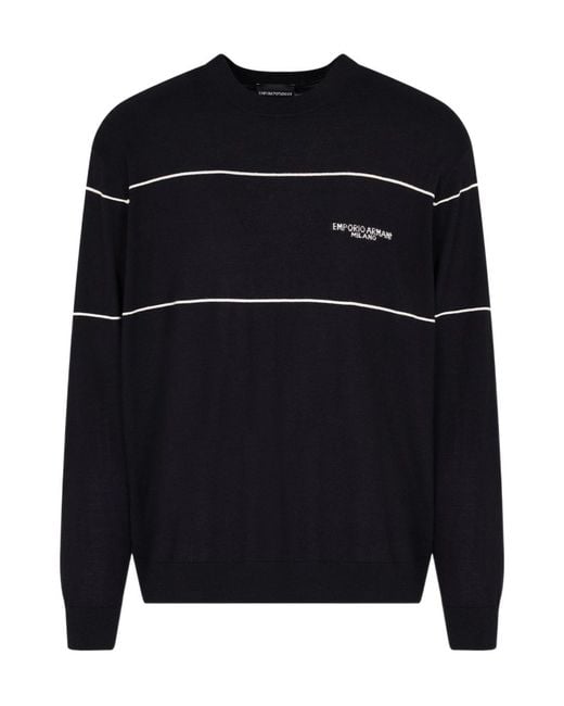 Emporio Armani Blue Stripe-Detail Wool Sweater for men