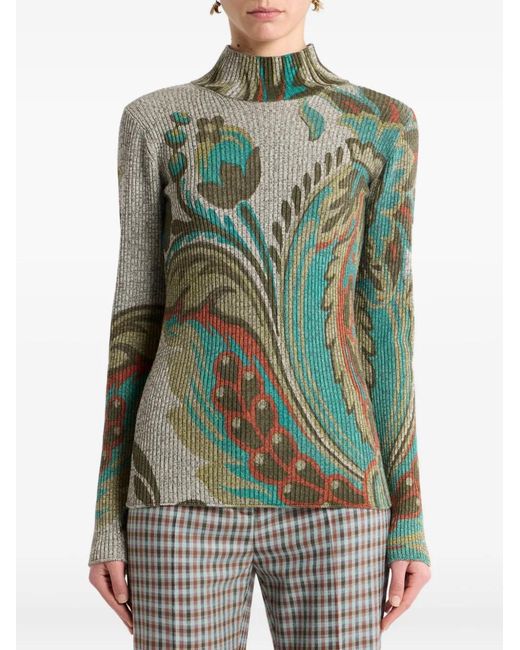 Etro Green Ribbed Wool Turtleneck Sweater With Daffodil Print