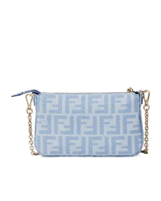 Fendi Blue Baguette Zipped Denim Pouch