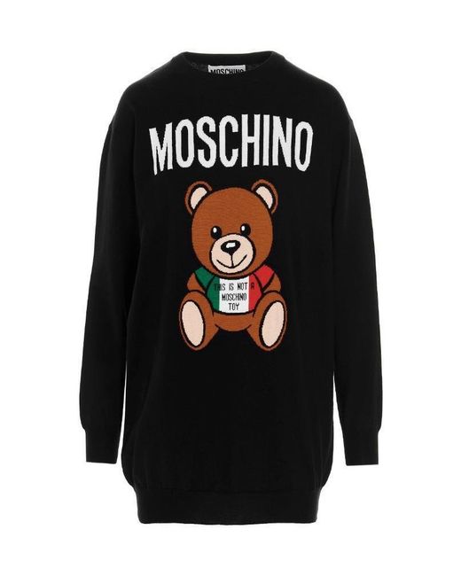 Moschino Black Logo-Print Bear-Motif Sweater Dress