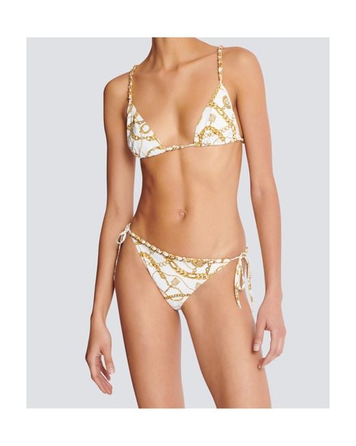 Balmain White Two Piece Chain-Print Triangle Bikini Set