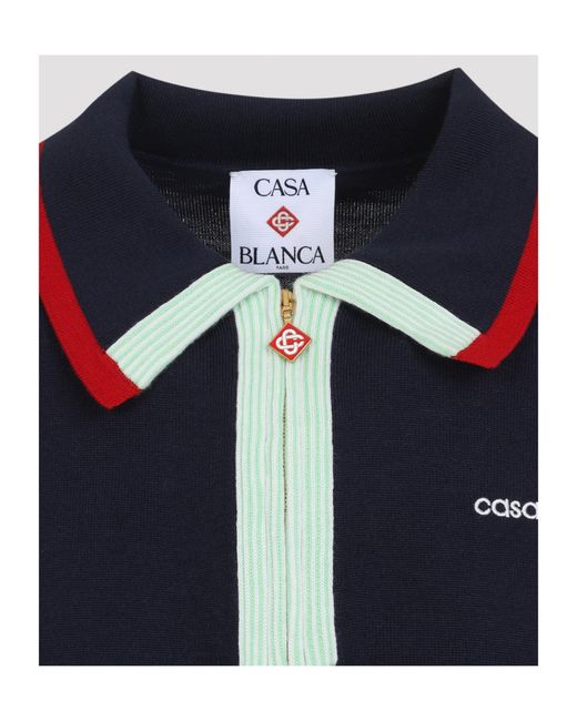 Casablanca Blue Logo Embroidered Knitted Track Polo Shirt for men
