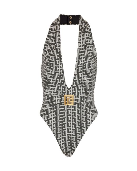 Balmain Black Pb Labyrinth-Print Swimsuit