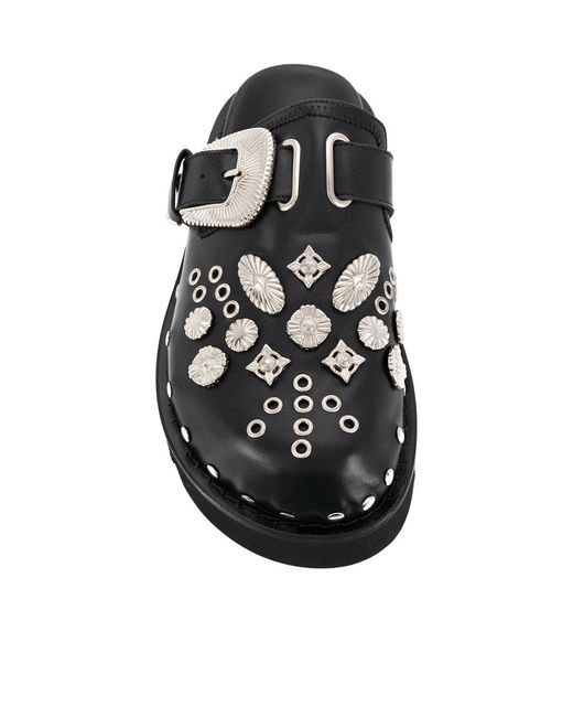 Toga Black Sabot Eyelet-Embellished Leather Mules