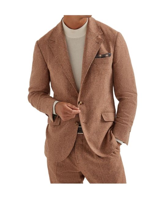 Brunello Cucinelli Brown Herringbone-Pattern Single-Breasted Blazer for men