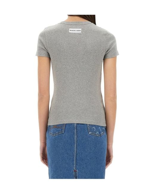 MARINE SERRE Gray Crescent Moon Embroidered Crewneck T-Shirt