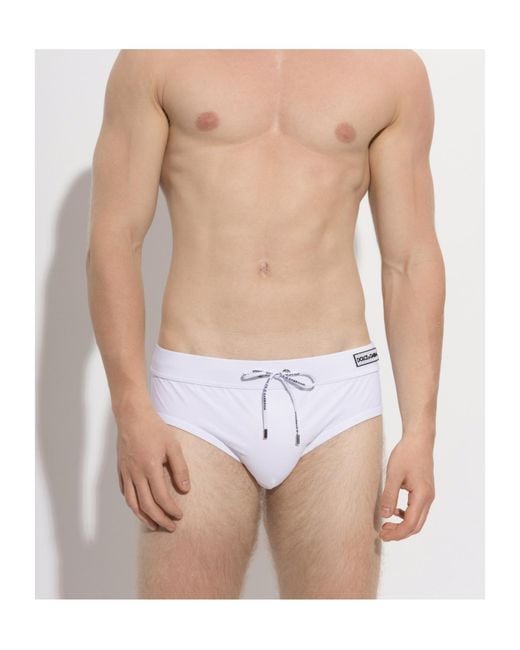 Dolce & Gabbana White Logo Patch Drawstring Swim Briefs for men