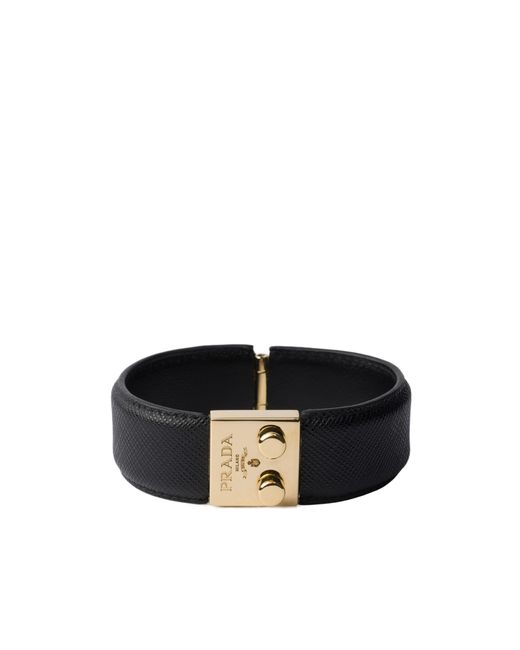 Prada Black Bracelet En Métal Et Cuir Saffiano