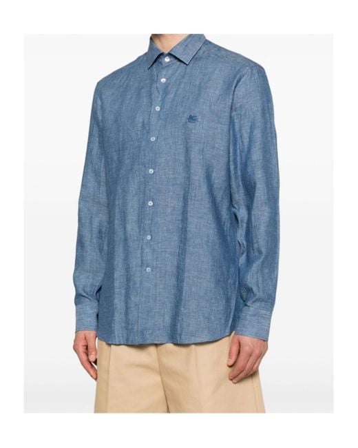 Etro Blue Logo Embroidered Long Sleeved Shirt for men