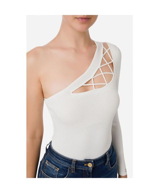 Elisabetta Franchi White One-Shoulder Crossover Detailed Top