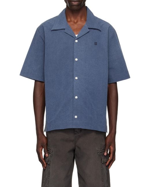 Givenchy Blue Logo Embroidered Short-Sleeve Shirt for men