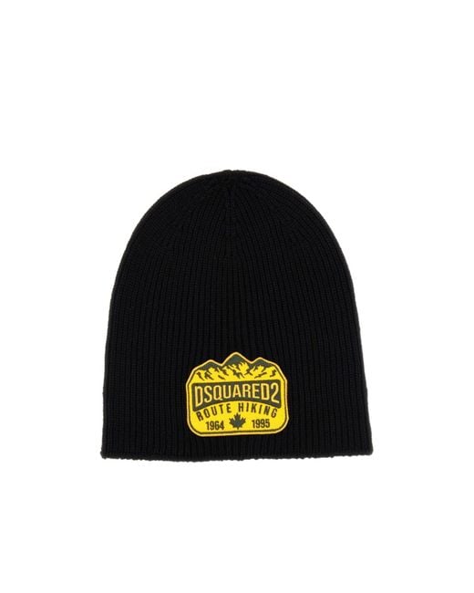 DSquared² Black Logo-Patch Beanie for men