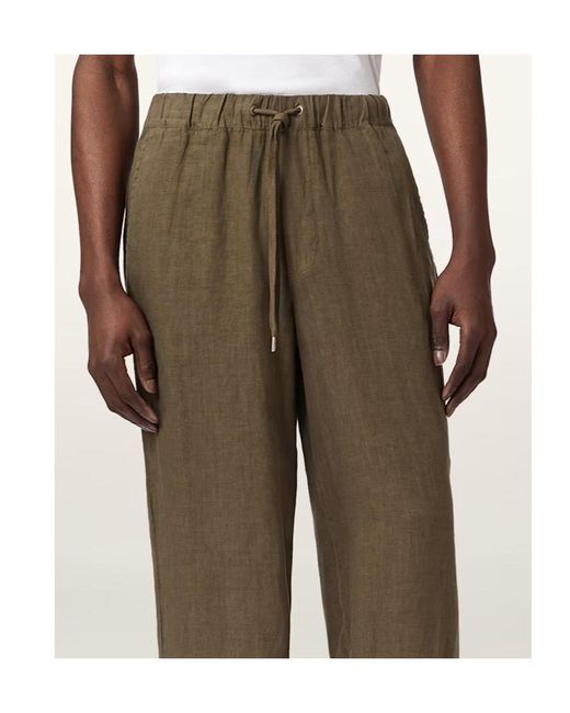 AllSaints Green Sharp Straight Leg Linen Trousers for men