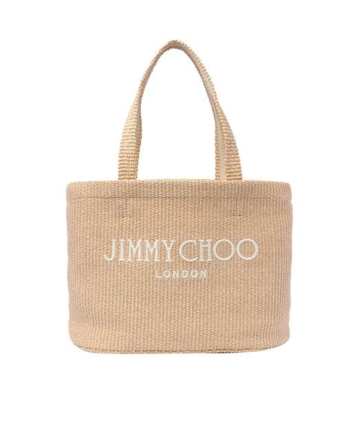 Jimmy Choo Natural Logo Embroidered Woven Tote Bag