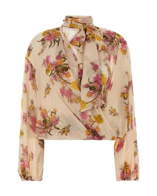 Blumarine Metallic Floral Printed Tied-Neck Georgette Top
