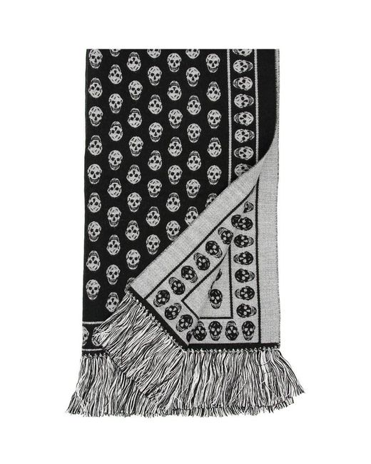 McQueen Black Skull Print Fringed Scarf