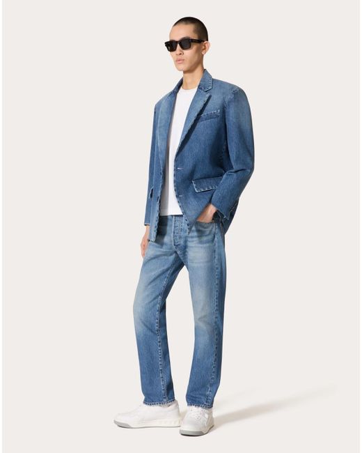 Valentino Blue Logo Patch Straight Leg Jeans for men