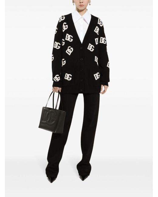 Dolce & Gabbana Black Jacquard Logo Virgin Wool V-Neck Cardigan