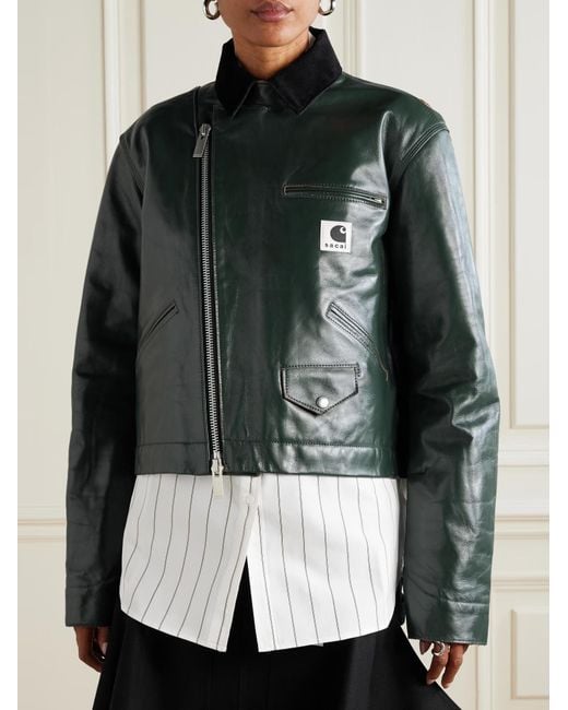 Sacai Green X Carhartt Wip Zipped Leather Jacket for men