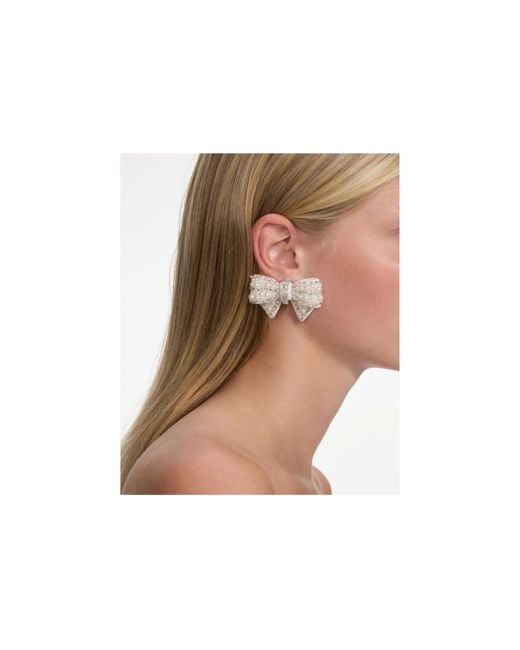 Self-Portrait White Embellished Satin Bow Earrings