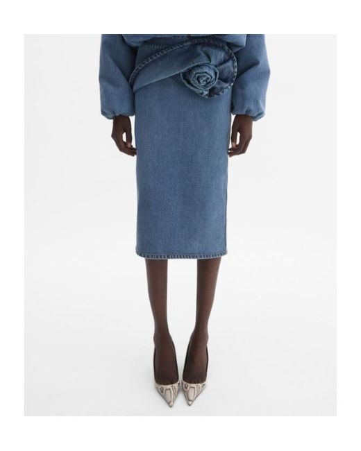 Magda Butrym Blue Rose-Detail Denim Midi Skirt