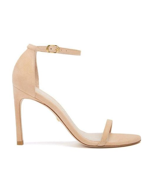 Stuart Weitzman White One-Word Loop Sandals With High Heels