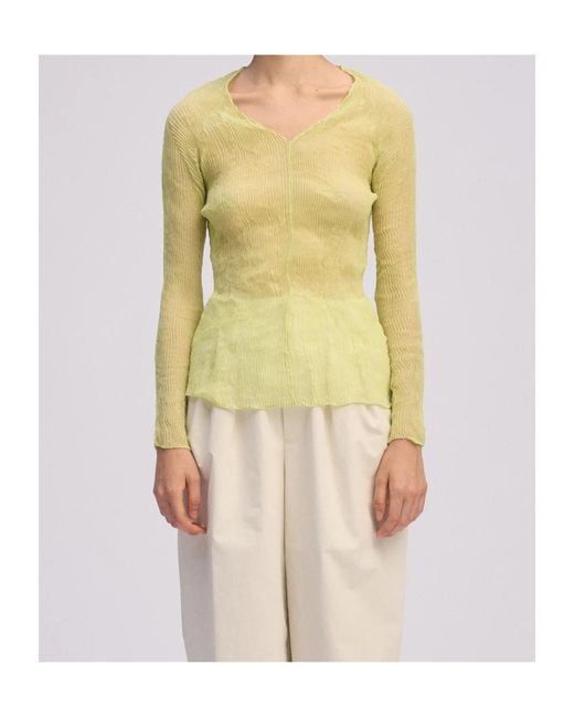 Issey Miyake Yellow Pleated V-Neck Top