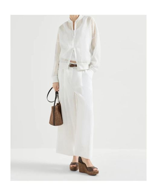 Brunello Cucinelli White Cotton Organza Broderie Anglaise Bomber Jacket With Zip And Monili