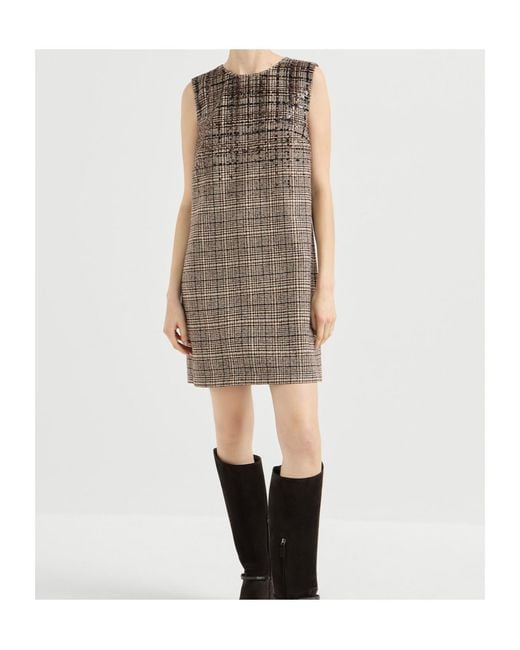Brunello Cucinelli Brown Checked Alpaca And Wool Mini Dress With Dazzling Degradé-Embroidery